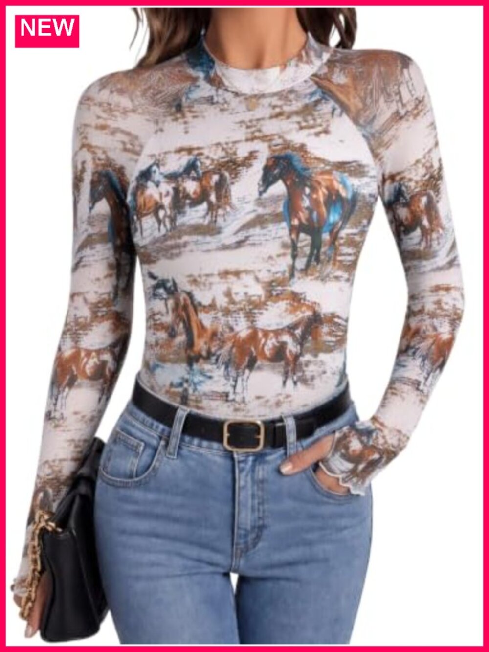 Long Sleeve Sheer Mesh Top Mock Neck Fitted Blouse Women's